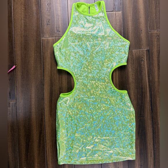 Lucy in the Sky size S Neon Shimmering Green Bodycon Mini Cut Out Dress - Picture 1 of 6